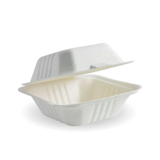 Sugarcane 6″ Burger Clamshell White - Pack of 400